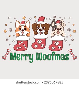 adorable illustration of small christmas dogs, dogs inside christmas stocking, puppies inside christmas calsetin with christmas hats