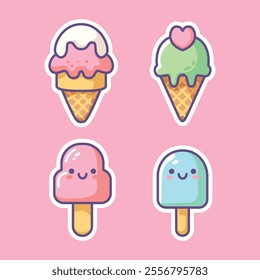 Adorable illustration of smiling ice cream cones and popsicles on a pink background. Perfect for food branding, summer themes, stickers, and digital design projects