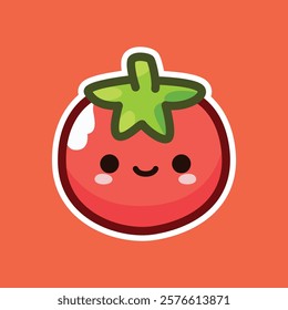 An adorable illustration of a smiling tomato set against an orange background. Ideal for promoting healthy eating, children's materials, and food-related content.