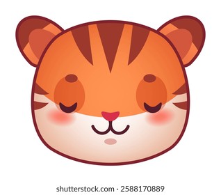 Adorable illustration of a stylized tiger cub with closed eyes, a gentle smile, and rosy cheeks, conveying a sense of peace and contentment