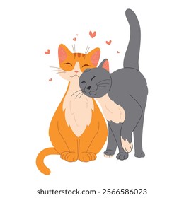 Adorable illustration of two affectionate cats, one orange and one gray, cuddling with hearts around them. Perfect for Valentine's Day, love themes, or pet-related designs.