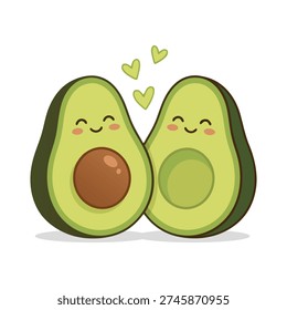 Adorable illustration of two avocado halves with cute faces and hearts floating above, perfect for healthy food concepts and Valentine's Day designs.