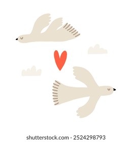 Adorable ilustración de dos pájaros volando con un corazón que simboliza el amor y la compañía. Los colores suaves y el diseño simple crean una atmósfera lúdica y romántica