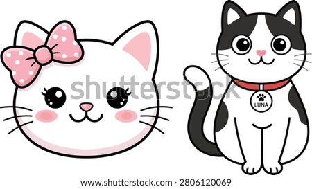 Adorable illustration of two cartoon cats, one with a pink bow and the other with a red collar and name tag.
