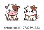 Adorable illustration of two cartoon cows in chibi style, with brown and white fur.