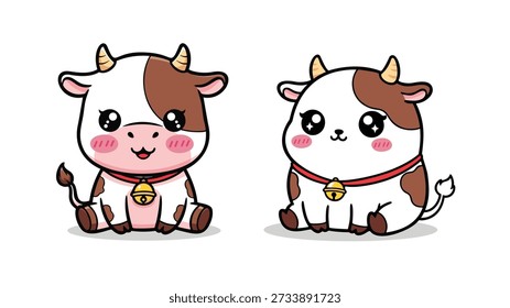 Adorable illustration of two cartoon cows in chibi style, with brown and white fur.