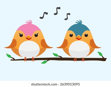 Adorable illustration of two colorful cartoon birds sitting on a tree branch. One bird has a pink head and the other has a blue head, both with happy expressions