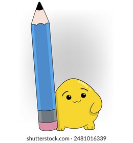 An adorable illustration of a yellow cartoon character with a happy expression, standing next to a large blue pencil with a pink eraser.