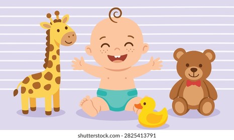 Adorable infant boy sitting between stuffed toy giraffe teddy bear and rubber ducky in bright nursery room atmosphere