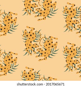 Adorable jaguars and palm branch. Wild animals and tropical leaves hand drawn vector illustration on a yellow background. Big cats seamless pattern in retro style.	