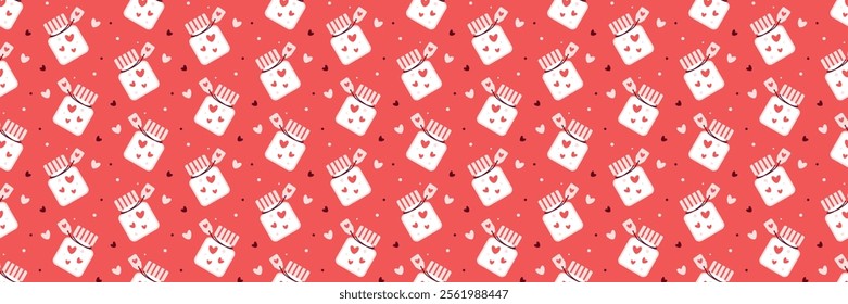 Adorable Jar of Hearts Pattern on a Coral Red Background Valentines Day seamless pattern Long horizontal web cover banner, sale header, voucher template. Wedding, packaging, wrapping paper,