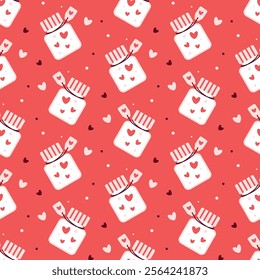 Adorable Jar of Hearts Pattern on a Coral Red Background Valentines Day seamless pattern Square vector backdrop, wedding, packaging, wrapping paper, wallpaper, fabric, textile, holiday template