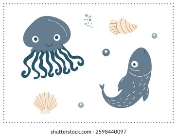 Adorable jellyfish and fish illustration in a whimsical underwater theme. Hand-drawn ocean elements in pastel shades, ideal for children's prints, nursery decor, and designs