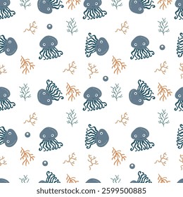 Adorable jellyfish seamless pattern with corals. Great for baby products, textile prints, gift wrapping, stationery, ocean-inspired designs, and children’s decor