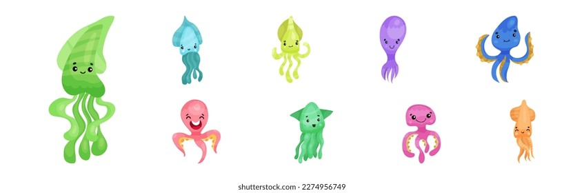 Adorable Jellyfish and Squid Characters Isolated on White Background Vector Set