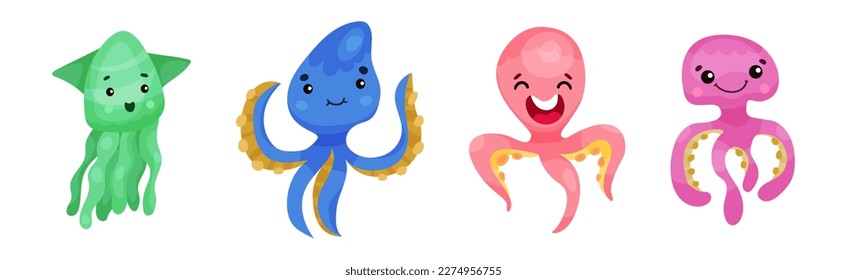 Adorable Jellyfish and Squid Characters Isolated on White Background Vector Set
