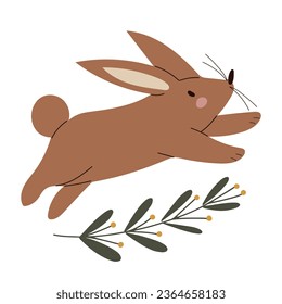 Adorable jumping brown bunny rabbit, isolated hand drawn vector illustration