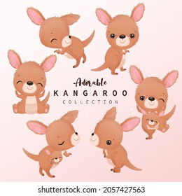 Adorable kangaroo clipart collection in watercolor illustration	
