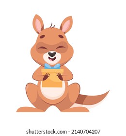 Adorable kangaroo with gift box cartoon vector illustration. Lovely mammal smiling with closed eyes, receiving or giving present. Wildlife animal, marsupial, celebration concept