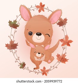 Adorable kangaroo mom and baby illustration for autumn decoration