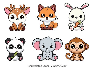 Ilustrações adoráveis de animais Kawaii, veados, raposa, coelho, panda, elefante e macaco