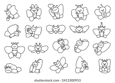 Adorable kawaii baby butterflies. Coloring Page. Cute cartoon insects with wings. Hand drawn style. Vector drawing. Collection of design elements.
