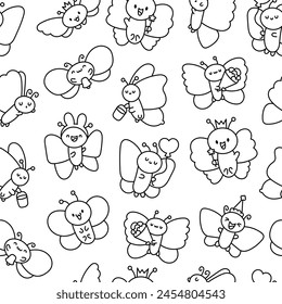 Adorable kawaii baby butterflies. Seamless pattern. Coloring Page. Cute cartoon insects with wings. Hand drawn style. Vector drawing. Design ornaments.