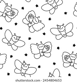 Adorable kawaii baby butterflies. Seamless pattern. Coloring Page. Cute cartoon insects with wings. Hand drawn style. Vector drawing. Design ornaments.