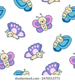 Adorable kawaii baby butterflies. Seamless pattern. Cute cartoon insects with wings. Hand drawn style. Vector drawing. Design ornaments.
