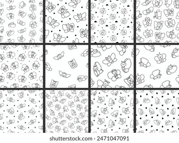 Adorable kawaii baby butterflies. Seamless pattern. Coloring Page. Cute cartoon insects with wings. Hand drawn style. Vector drawing. Collection of design ornaments.