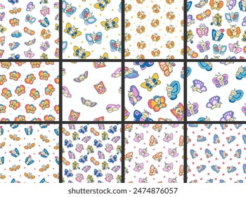 Adorable kawaii baby butterflies. Seamless pattern. Cute cartoon insects with wings. Hand drawn style. Vector drawing. Collection of design ornaments.