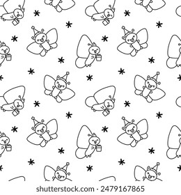 Adorable kawaii baby butterflies. Seamless pattern. Coloring Page. Cute cartoon insects with wings. Hand drawn style. Vector drawing. Design ornaments.
