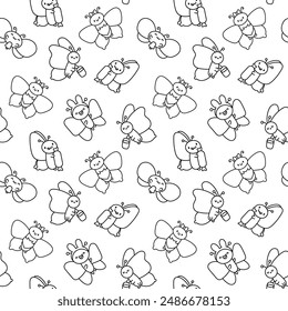 Adorable kawaii baby butterflies. Seamless pattern. Coloring Page. Cute cartoon insects with wings. Hand drawn style. Vector drawing. Design ornaments.