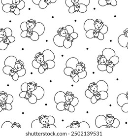 Adorable kawaii baby butterflies. Seamless pattern. Coloring Page. Cute cartoon insects with wings. Hand drawn style. Vector drawing. Design ornaments.