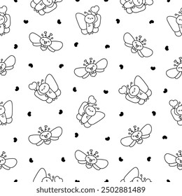 Adorable kawaii baby butterflies. Seamless pattern. Coloring Page. Cute cartoon insects with wings. Hand drawn style. Vector drawing. Design ornaments.