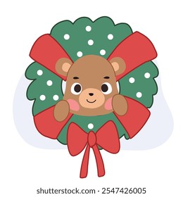 Adorable kawaii bear nestled in a Christmas wreath, showcasing a cheerful holiday spirit.