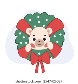 Adorable kawaii bear nestled in a Christmas wreath, showcasing a cheerful holiday spirit.