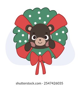 Adorable kawaii bear nestled in a Christmas wreath, showcasing a cheerful holiday spirit.