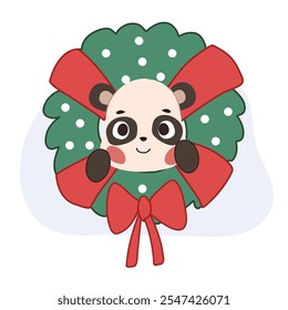 Adorable kawaii bear nestled in a Christmas wreath, showcasing a cheerful holiday spirit.