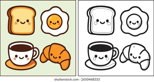 Adorável kawaii café da manhã caracteres brindar ovo frito café e croissant