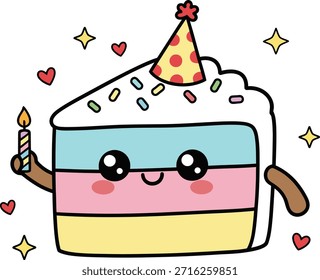 Bezaubernder Kawaii-Kuchen-Slice-Vektor mit Partyhut und Kerze. Perfekt für Geburtstagseinladungen, Bäckerei Branding, Feier Aufkleber und Kinder Party Dekor Grafiken.
