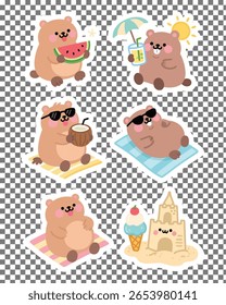 Adorable kawaii capybara stickers doing fun summer activities like swimming, sunbathing, and eating ice cream. Perfect for planners and crafts