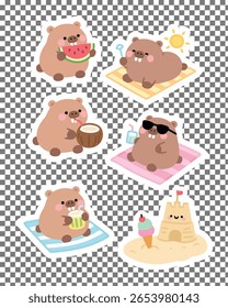 Adorable kawaii capybara stickers doing fun summer activities like swimming, sunbathing, and eating ice cream. Perfect for planners and crafts