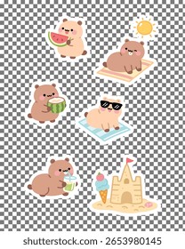 Adorable kawaii capybara stickers doing fun summer activities like swimming, sunbathing, and eating ice cream. Perfect for planners and crafts