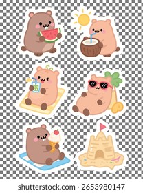 Adorable kawaii capybara stickers doing fun summer activities like swimming, sunbathing, and eating ice cream. Perfect for planners and crafts