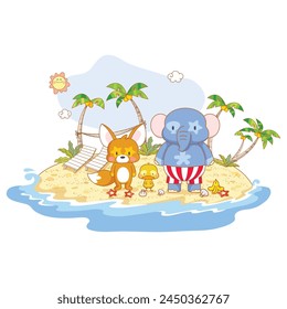 Adorable Kawaii Cartoon Animals - Fox, Chicken, Elephant Celebrating a Beautiful Summer Day at the Beach - Isolated Vector Illustration on White Background
