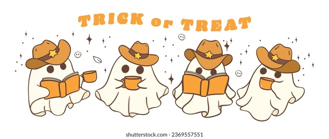 Adorable kawaii cartoon doodle banner of Halloween ghosts with coffee. Perfect for Halloween decorations, invitations, and more!