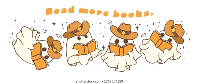 Adorable kawaii cartoon doodle banner of Halloween ghosts reading books. Perfect for Halloween decorations, invitations, and more!