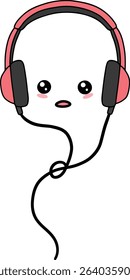 Adorable kawaii cartoon headphones with a cute smiling face and audio cable connected