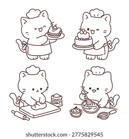 Adorable kawaii cat baker chef in four poses holding cake mixing batter with whisk and flour preparing sweet dessert cute cartoon line art for bakery kitchen design